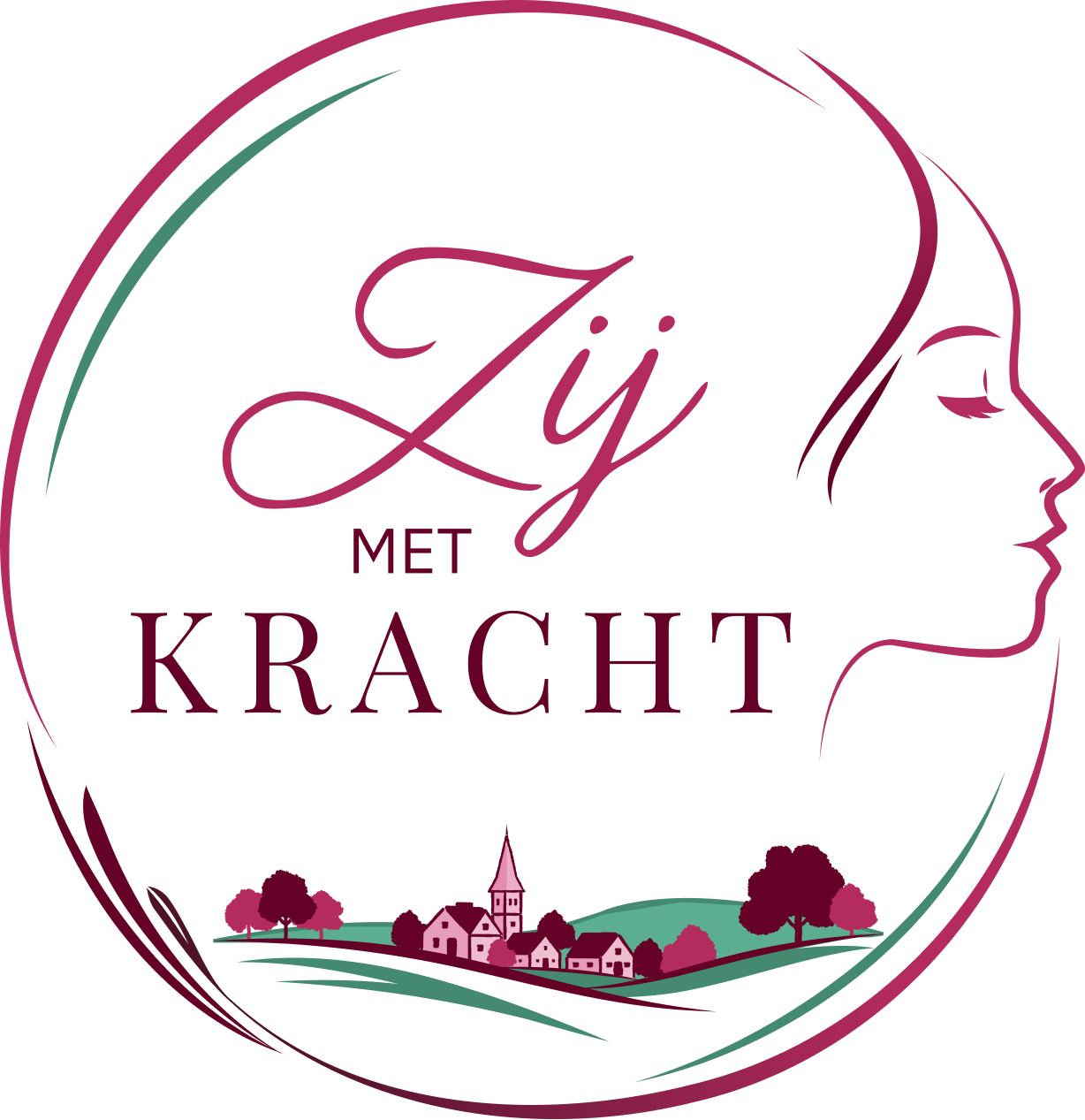 Logo van vrouwenvereniging Zij met Kracht met vrouwenprofiel en dorpsgezicht